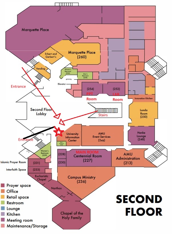 AMU 2nd floor diagram — rooms 227, 252, 254, registration check-in location